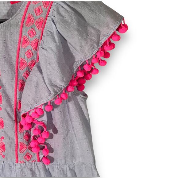 Lilly Pulitzer Embroidered Peplum Top Boho Pom Pom Flutter Sleeve XS - Picture 6 of 12